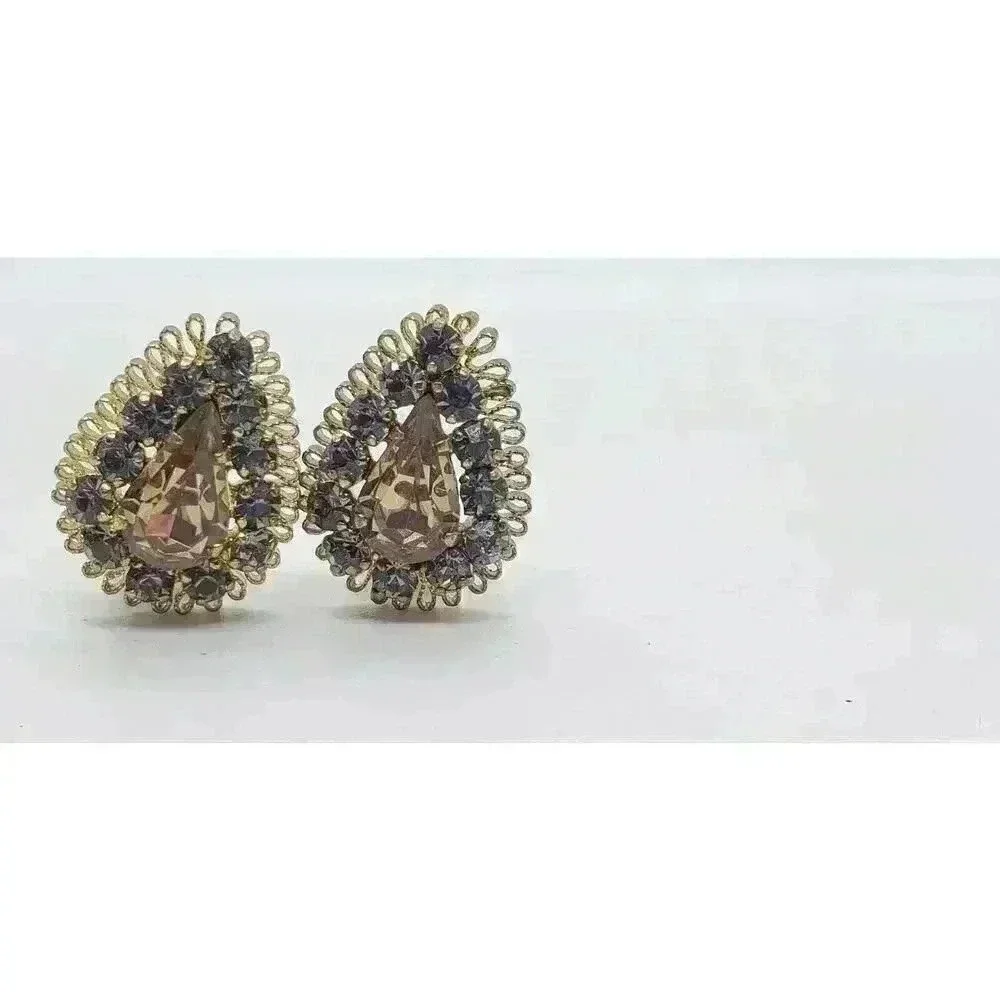 Vintage Earrings Clip Gold Filigree Topaz & Blue Rhinestone Drama Fancy Clip